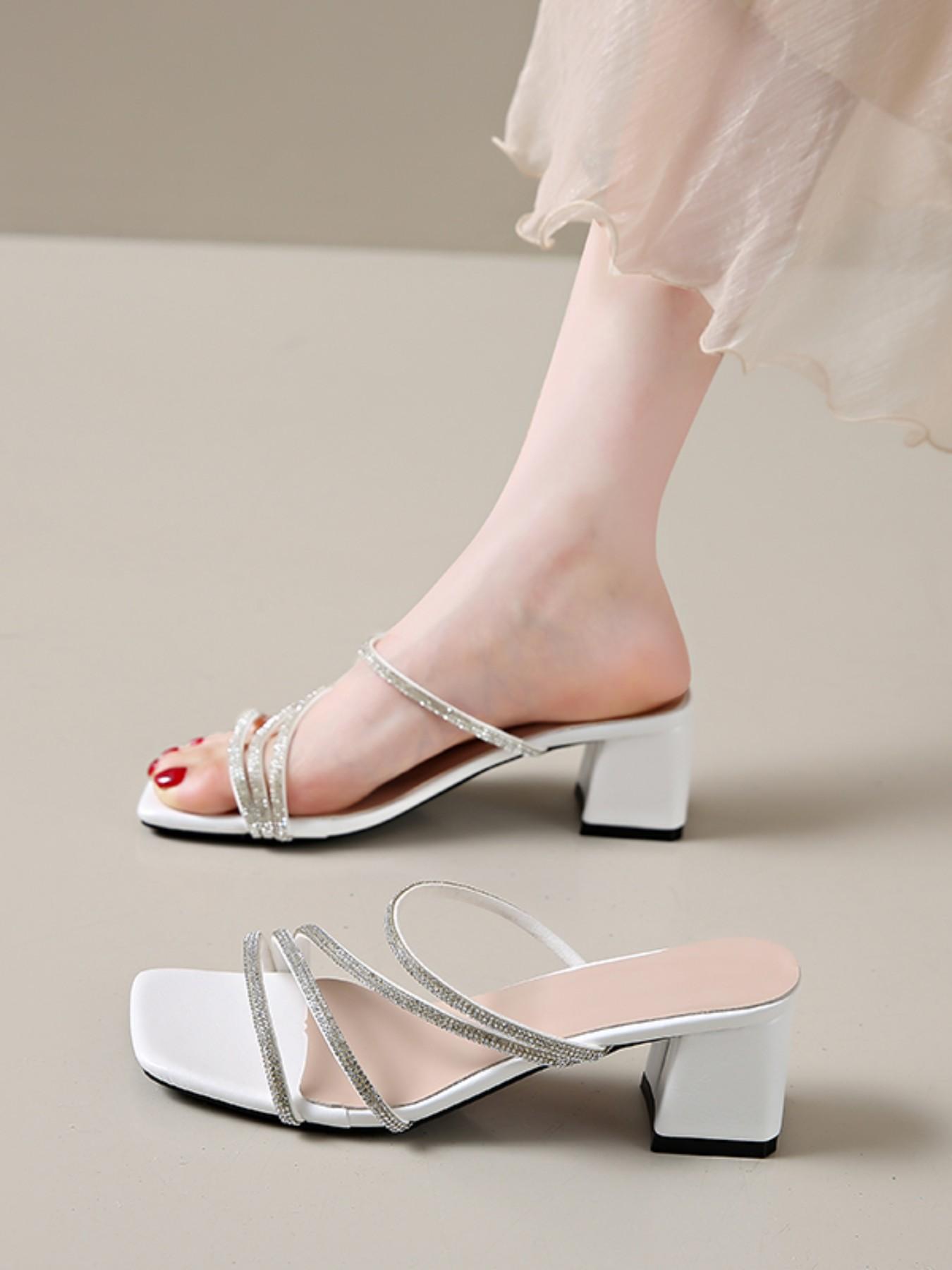 Women's Square Toe Rhinestone Sandals, Chunky Heel Mid-Heel Fairy Style Summer Outdoor Versatile Two-Wear Strap Flats