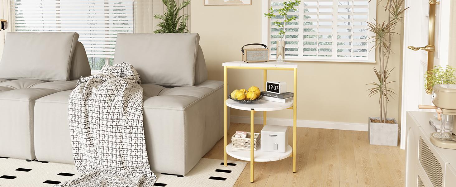 AWQM White, Black & Gold 3-Tier End Table, Faux Marble Round Side Table with Metal Frame, Nightstand for Bedroom & Small Spaces