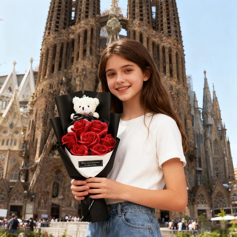 Boutique Rose Gift Box, 1 Set Artificial Rose Soap Flower Bear Cartoon Doll Bouquet Gift Box, Romantic Eternal Rose Bouquet, Deluxe Gift Box Set, Simulated Rose Desktop Bedroom, Unique Creative Gift for Birthday，christmas Gifts, Christmas Bouquets