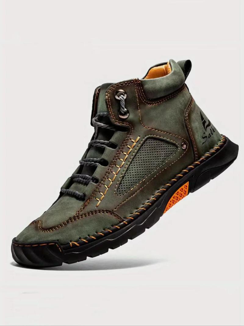 Men's Fashionable Patchwork Design Lace Up Ankle Boots, Casual Comfortable Breathable Non-slip Boots for Outdoor Activities, Durable PU Leather Shoes for Fall & Winter