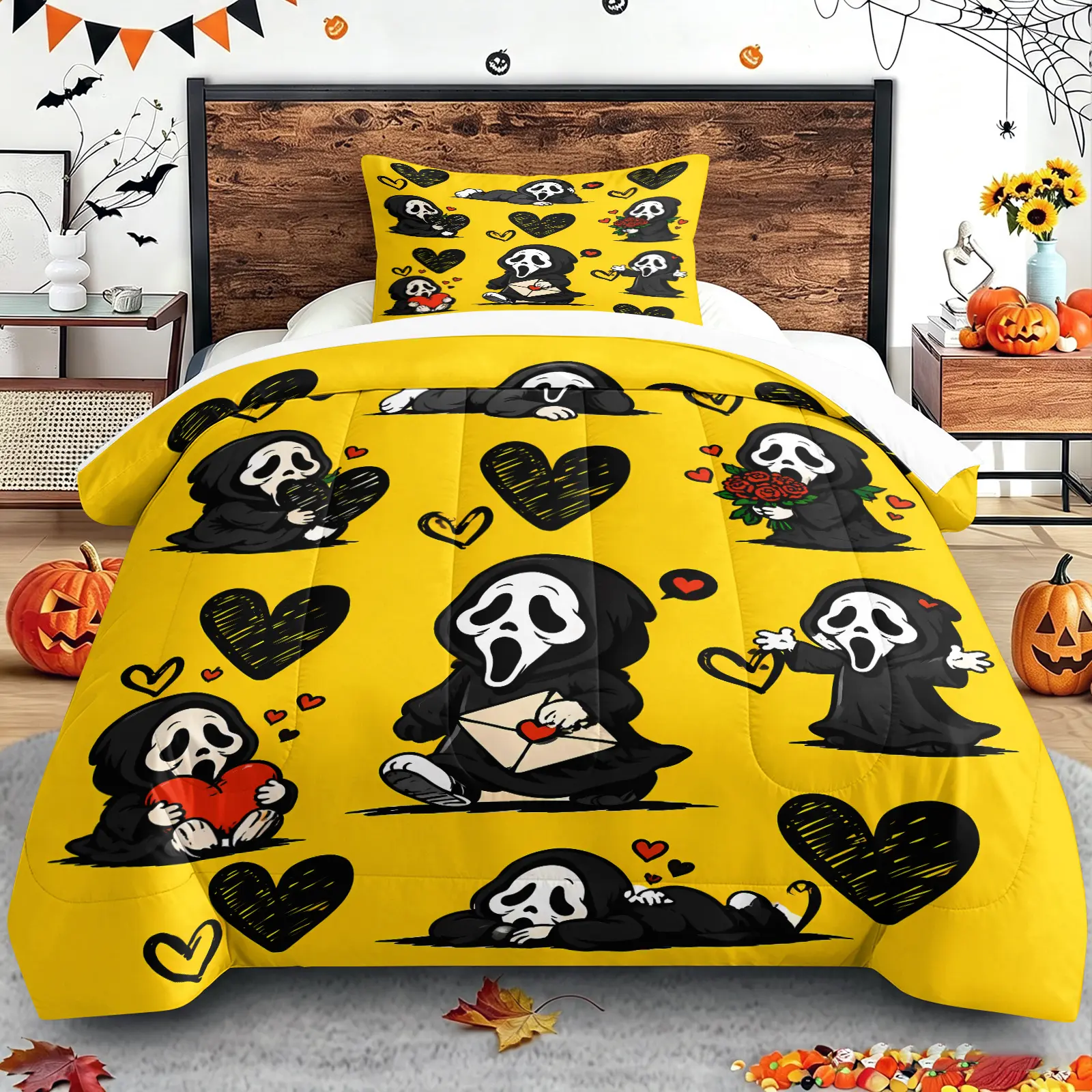 Color-Block Plaid Chibi Hugging a Teddy Bear, Pulling a Suitcase and Playing Phone Ghostface Print Comforter Set & 1-2 Pillowcases, Comfortable Easy Care Bedding, Halloween or Movie Fans Bedroom Dorm Decor