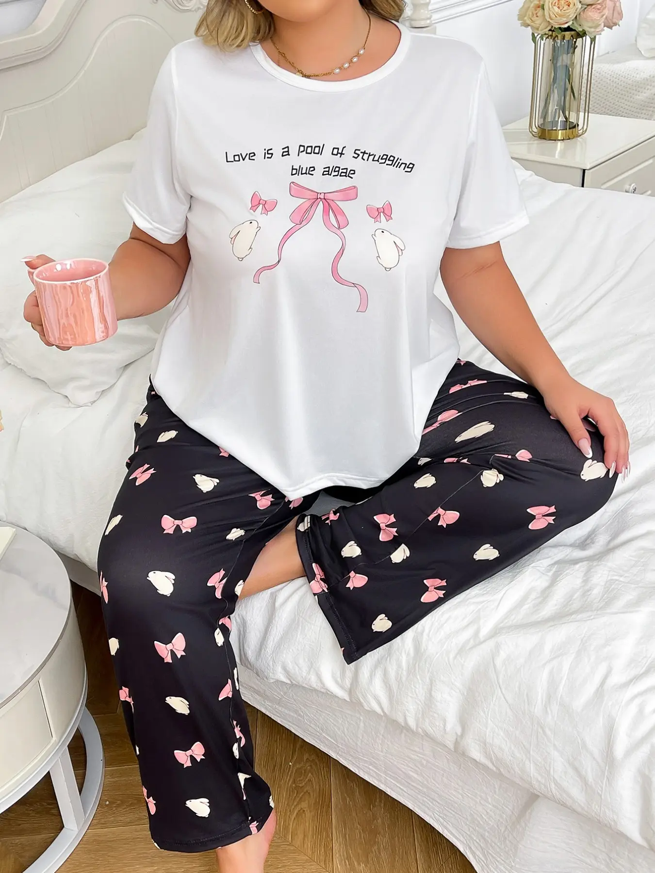 Large Size Letter Rabbit Bow Short Sleeve Pajama Set, Bottom Bow Small Rabbit Wide Leg Long Pants, Home Two Piece Set