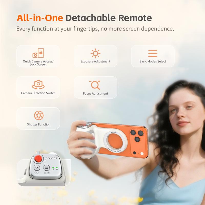 Comitok-Moca Phone Grip Handle for iOS 26+, Control Camera Switching & Focus, Compatible with Magnetic Phones, Portable & Easy Storage, Selfie Accessories Comitok-Moca Phone Grip Handle for iOS 26+, Control Camera Switching & Focus, Compatible with Magnetic Phones, Portable & Easy Storage, Selfie Accessories
