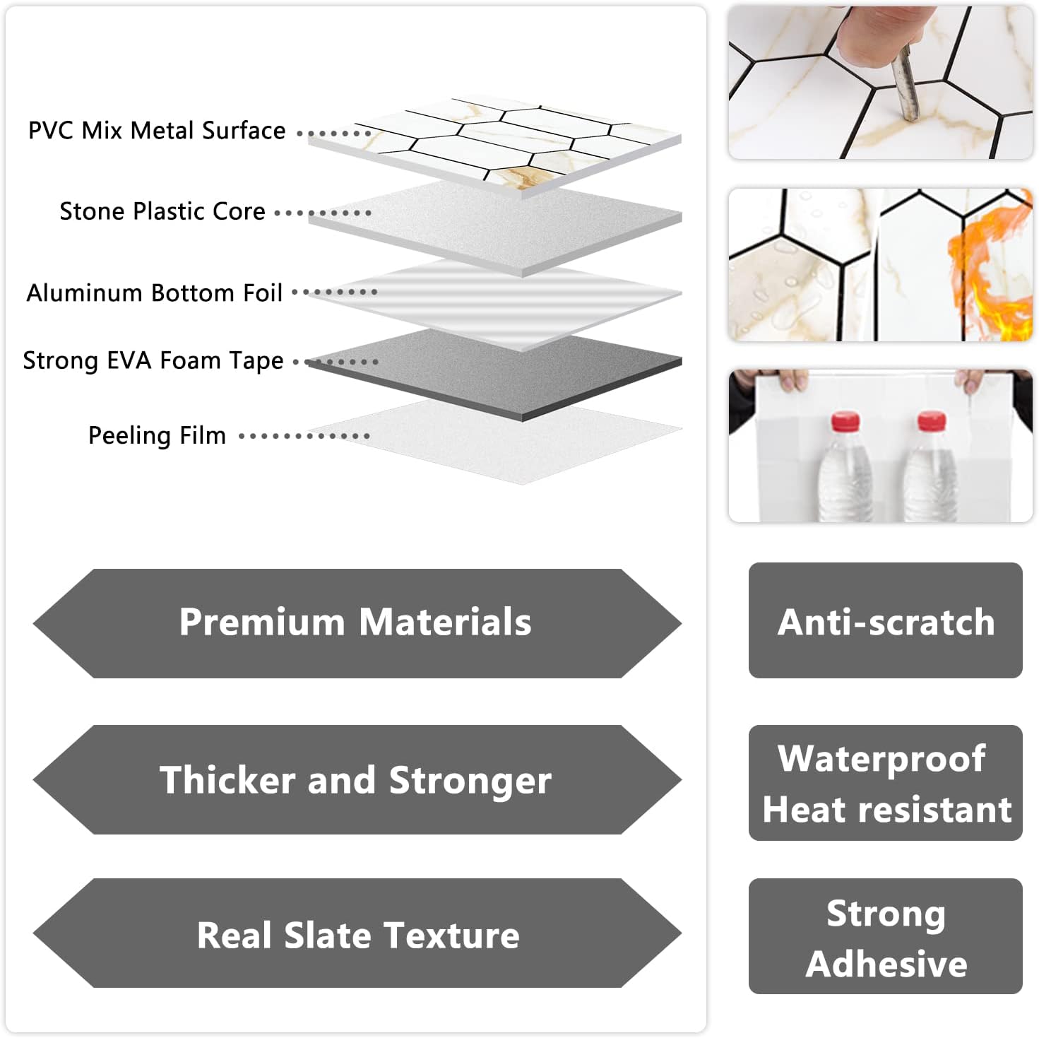 Vamos Tile Long Hexagon Peel and Stick Backsplash Tile - 10 Sheets Stick on Backsplash for Kitchen and Bathroom 12.4 x 12 Inch Calacatta Gold PVC Self Adhesive Mosaic Wall Tiles