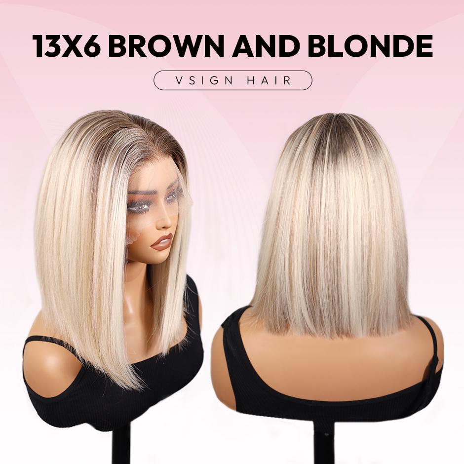VSGIN 13*6 Blonde Highlight Synthetic Lace Wig Ombre Honey Brown and Blonde Color Synthetic Heat Resistant Fiber Realistic Appearance Bob Style and Long Wave Style