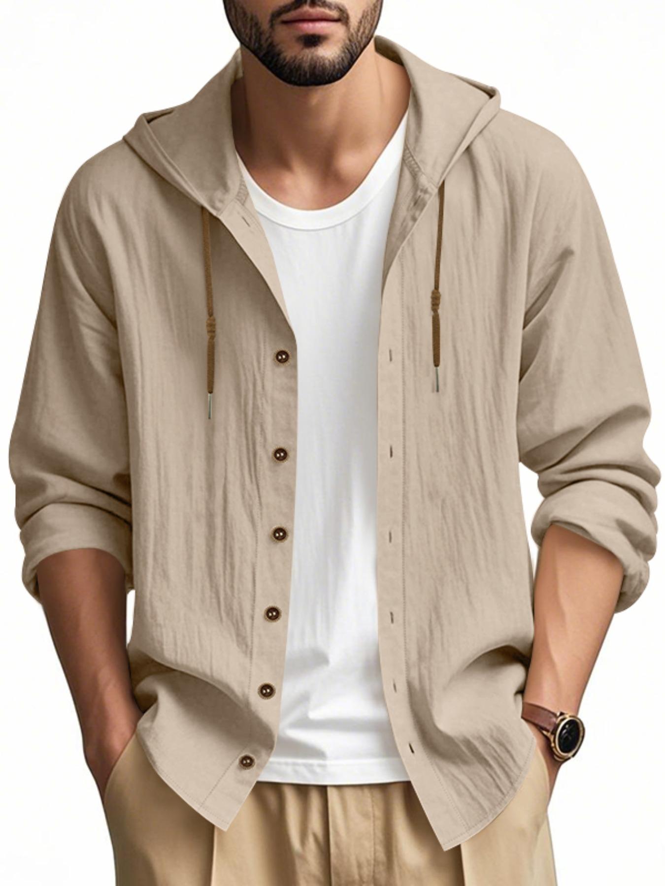 Hooded Linen Long Sleeve Shirt Jacket, Hawaiian Style Casual Loose Fit, Drawstring & Button Design, Spring & Fall Fashion, Beach Vacation Essential