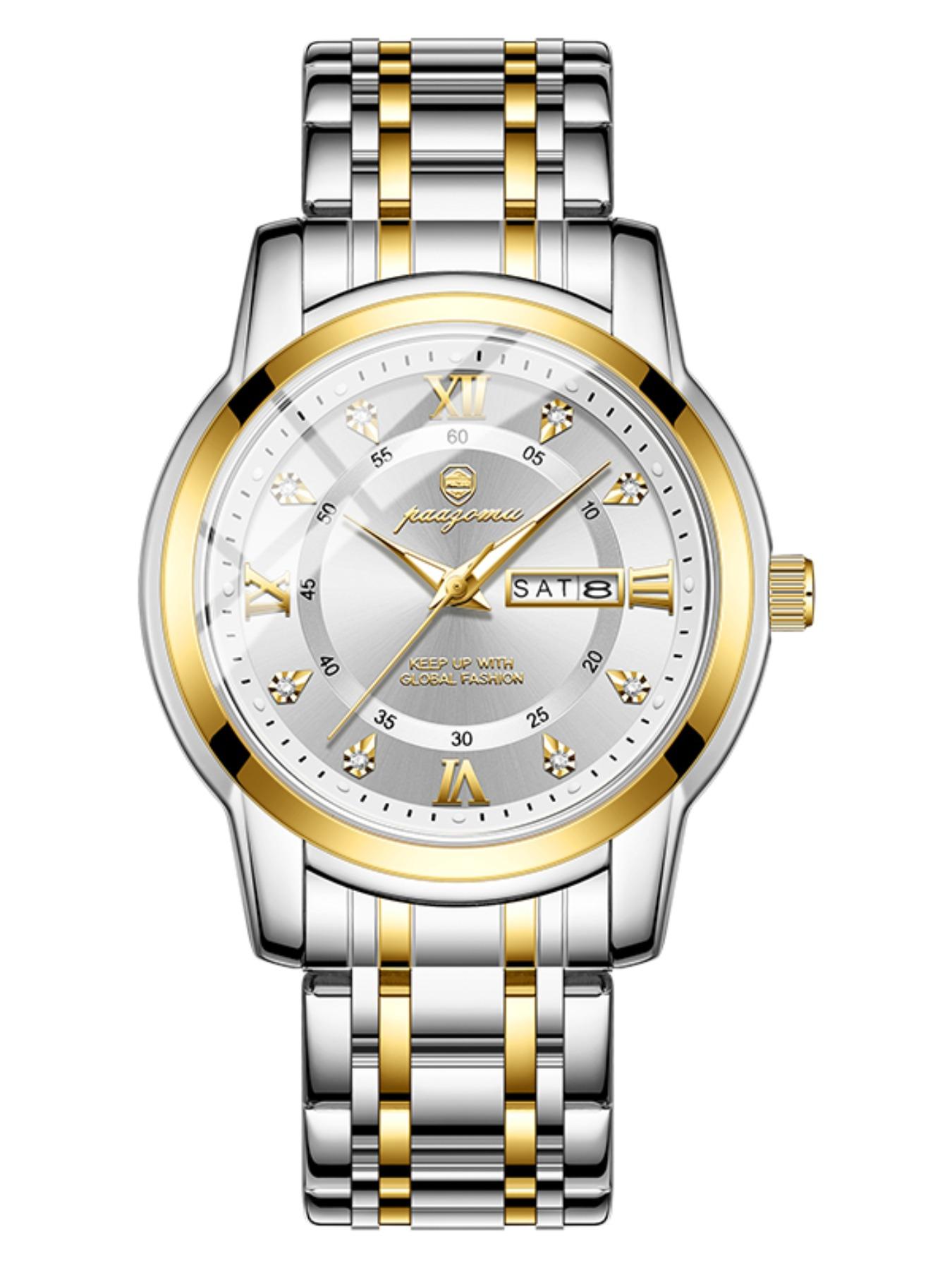 Paazomu Men's Wristwatch, Stainless Steel Waterproof Luminous, Casual Quartz Watch with Date and Week Display, Stylish Business Accessory