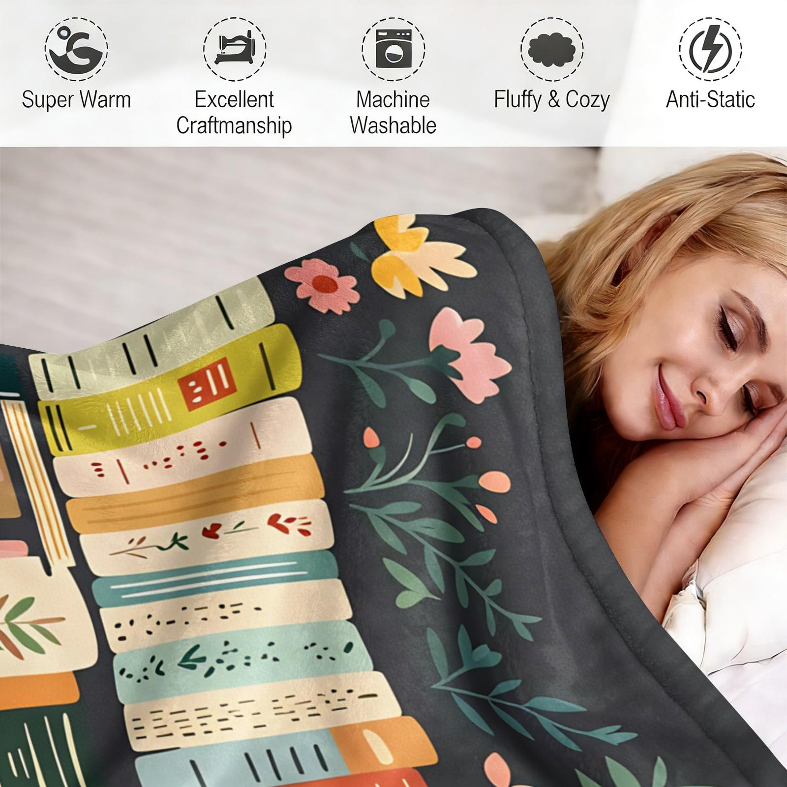 Bookish Floral Bookshelf Print Flannel Blanket, Aesthetic Botanical Warm Throw Blanket, Soft Cozy Nap Gift Blanket, Lightweight Decor Blanket for Couch Bed, All-Purpose Perfect Gift for Family and Friends