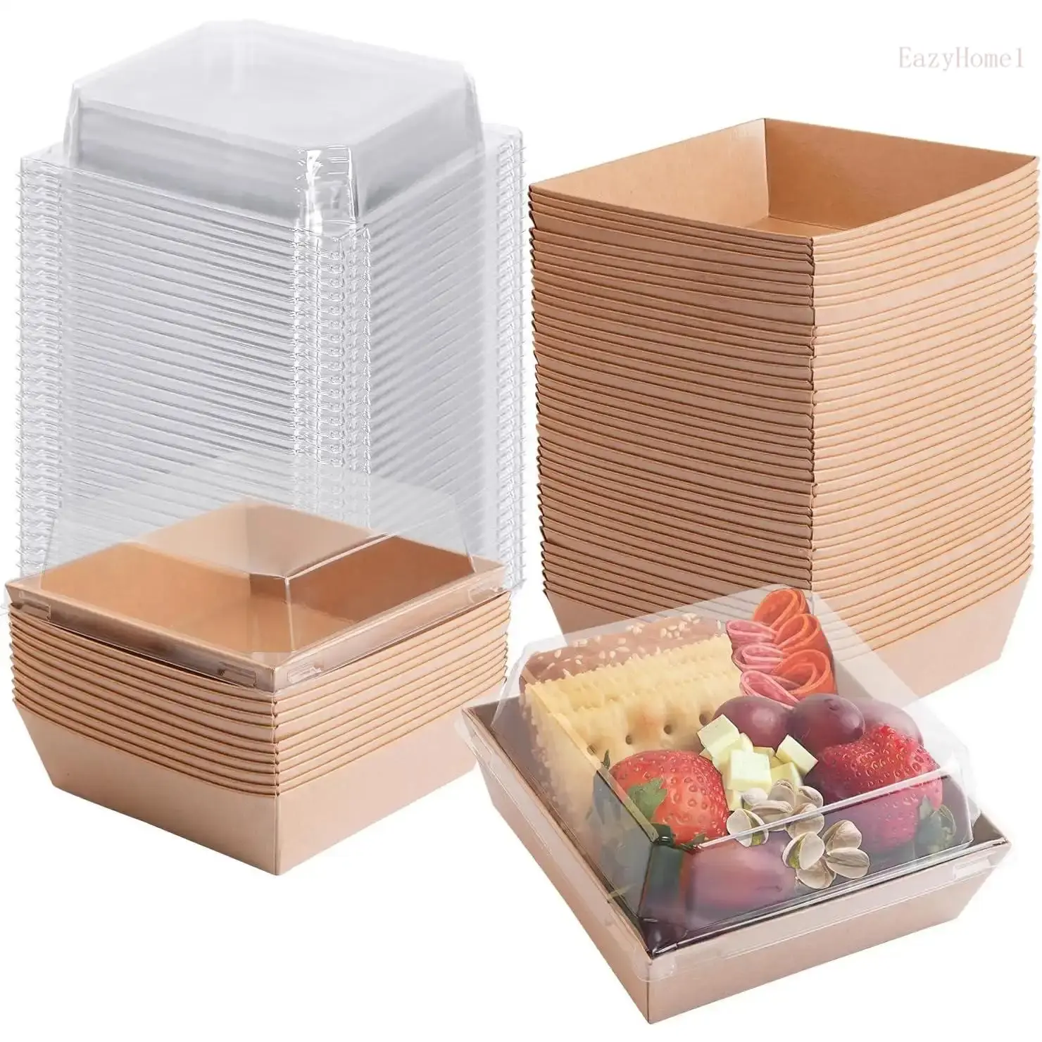 50-Pack Sturdy Square Synthetic Disposable Charcuterie Boxes with Transparent Lids - 4-in Mini Size Dessert Boxes for Events & Parties, Presenting Slice Cakes, Strawberries