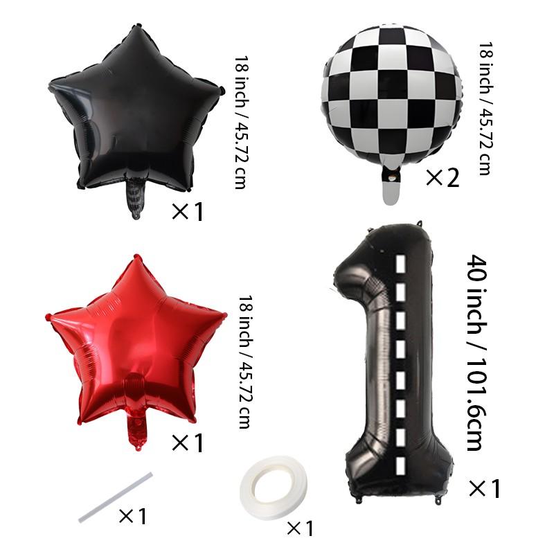 Race Car Theme Number Star Balloons, Checkered Foil, Multi Shape Mixed Color Set, Boys Birthday Party Decor
