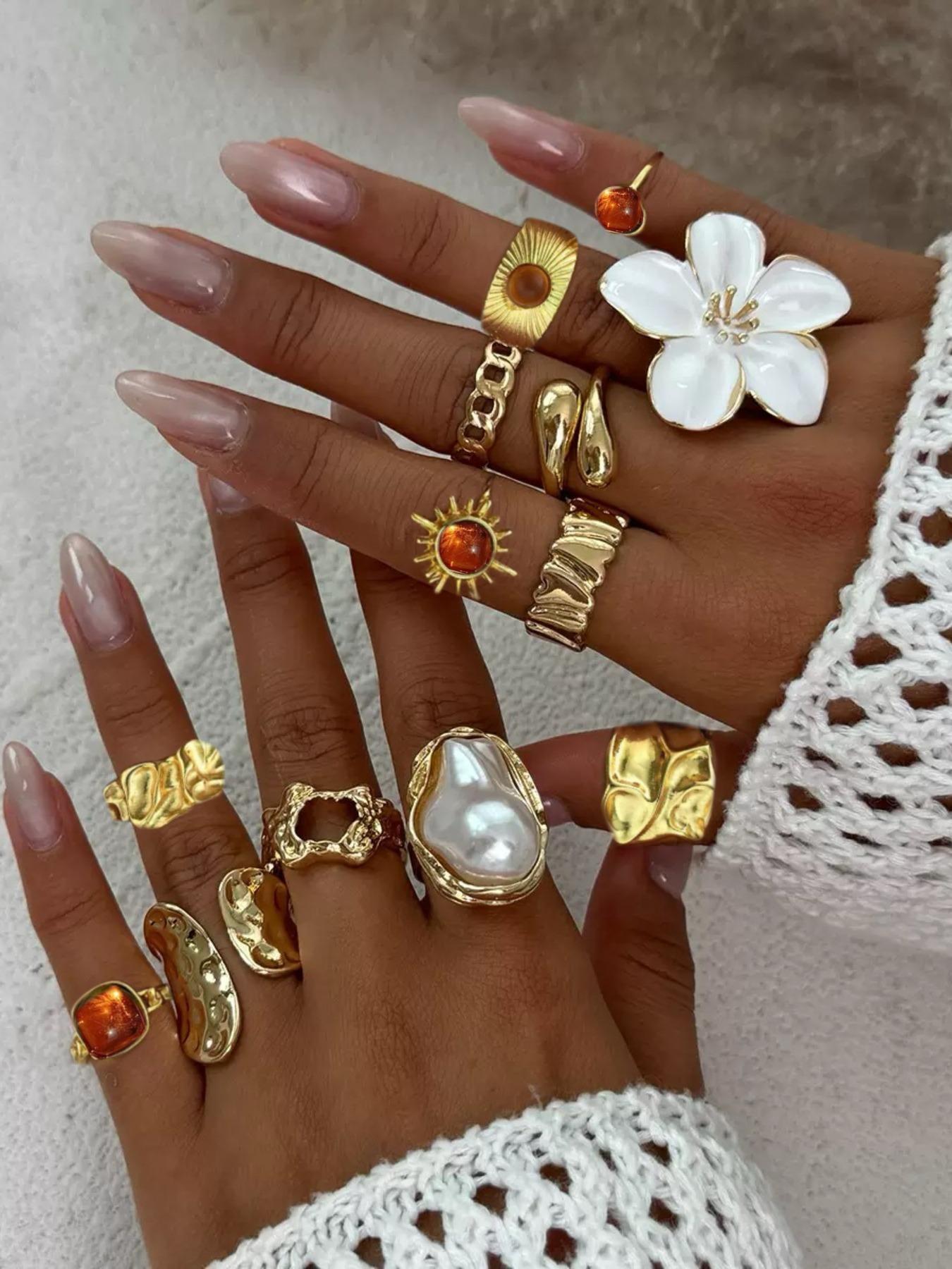 Elegant Floral Faux Pearl Ring Set, Fashionable Jewelry, Beautiful Rings, Zinc Alloy Wide Band Women's Rings, Knuckle Rings Set, All Season Jewelry Gift, Party and Birthday