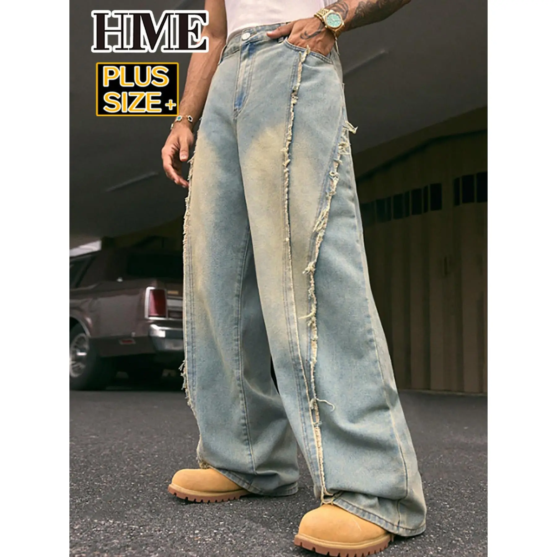 Men's Plus Size 100% Cotton Vintage Washed Baggy Wide Leg Jeans, Raw Frayed Seam Loose Denim Pants for Hip Hop Streetwear Casual Daily Outfits