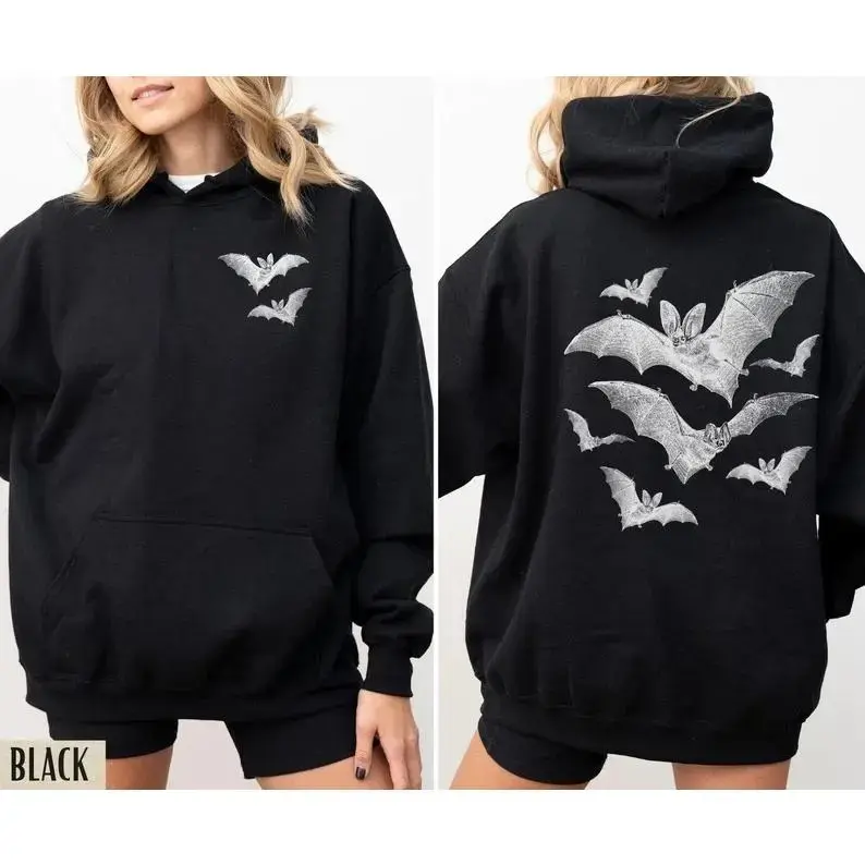 Women's Vintage Gothic Vampire Bat Hoodie - Cotton Blend Fabric, Oversize Baggy Cargo, Essential Dark Graphic Statement Outerwear, Witchy Halloween Gift, All-Season Chic Wear
