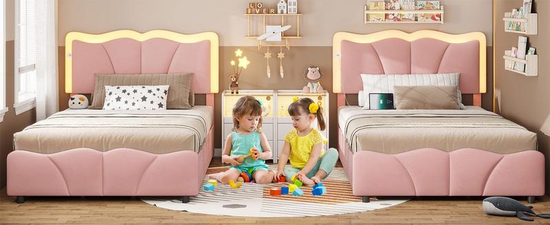 Sikaic Upholstered Platform Led Bed Frame with USB Ports Drawers Pink Furniture Corner Headboard Bedroom Set Bedframe