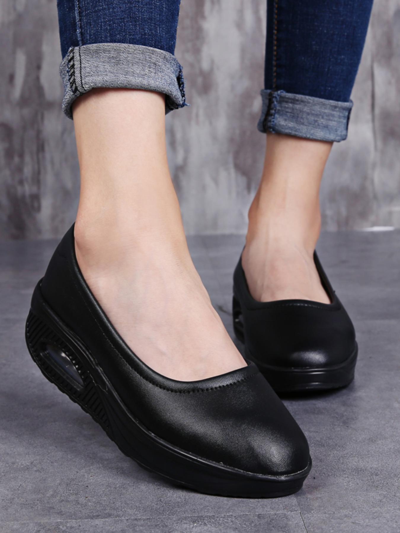 Women's Breathable Thick Sole Swing Shoes, Casual Leather Slip-On Sneakers for Spring & Fall, Comfortable Air Cushion Design