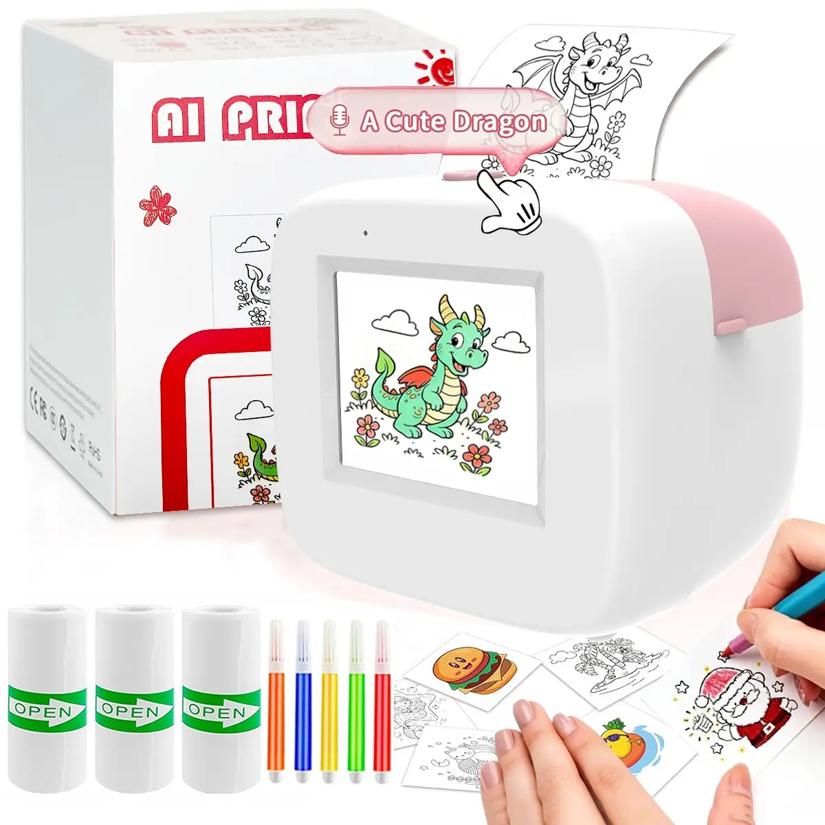Ai Mini Printer with Display, Smart Voice Mini Sticker Printer, Ideal for Notes, Drawing, Coloring Pages, Gifts, DIY Creative Projects, Inkless Printer