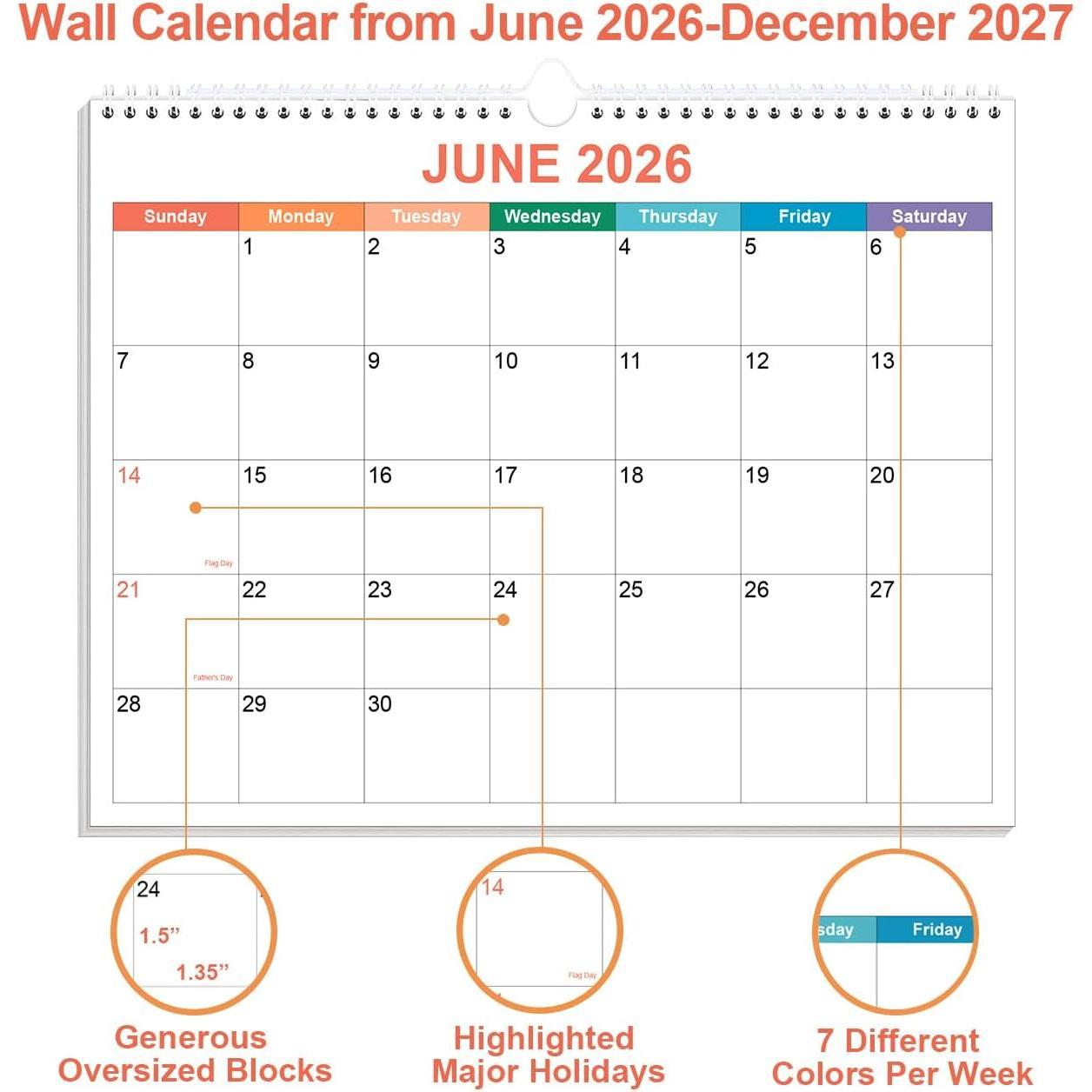 17-Month Wall Calendar 2026-2027 (August 2026-December 2027) - 8.5x11", Paper, Wire Binding, Hook, Colorful Home Supplies Wall Decor