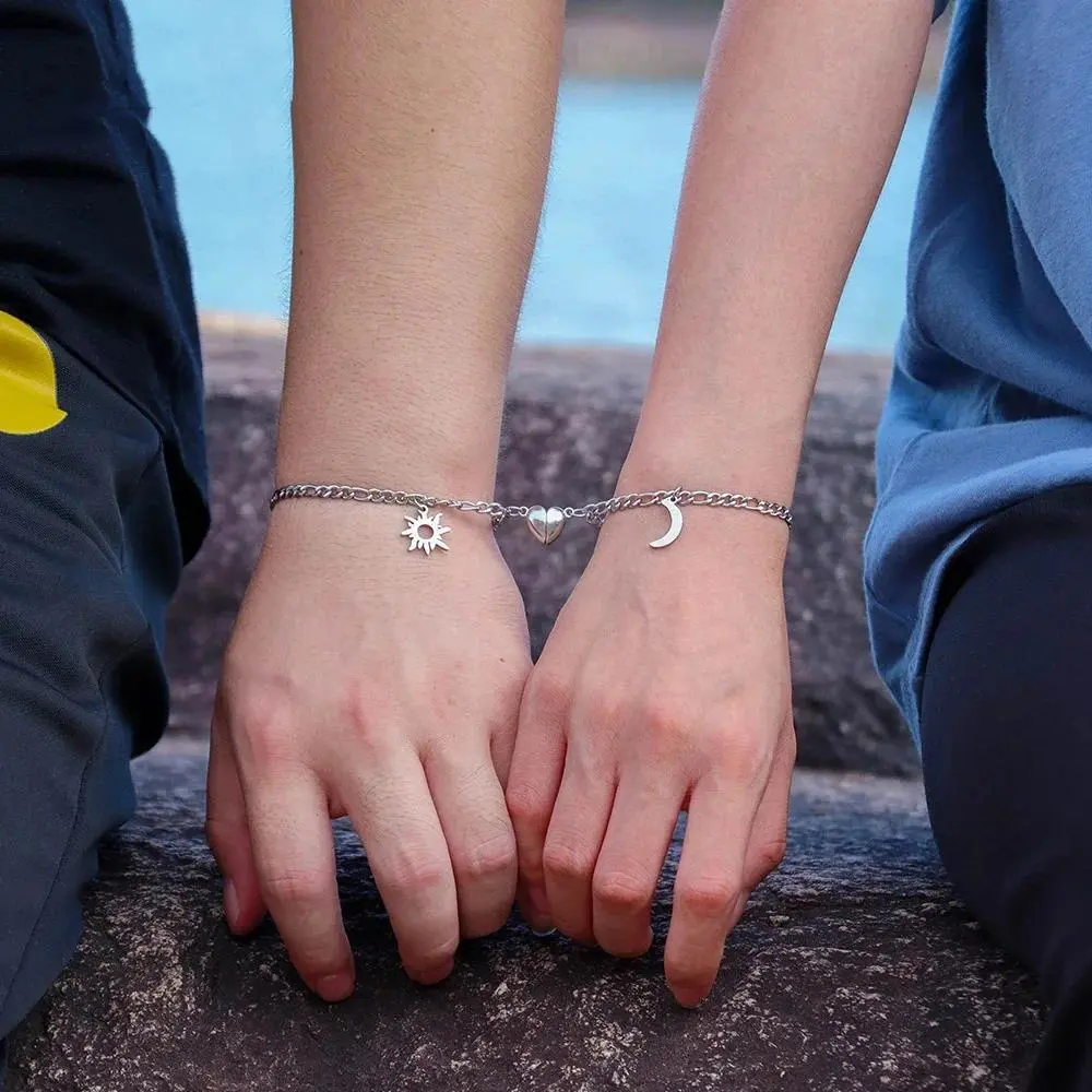 Unisex Charm Bracelets - 2Pcs Stainless Steel Sun Moon Charm Magnetic Link Jewelry, Valentine's Day Gifts, Everyday Use, Wholesale Fashion Accessories for Couples, Unisex Wear