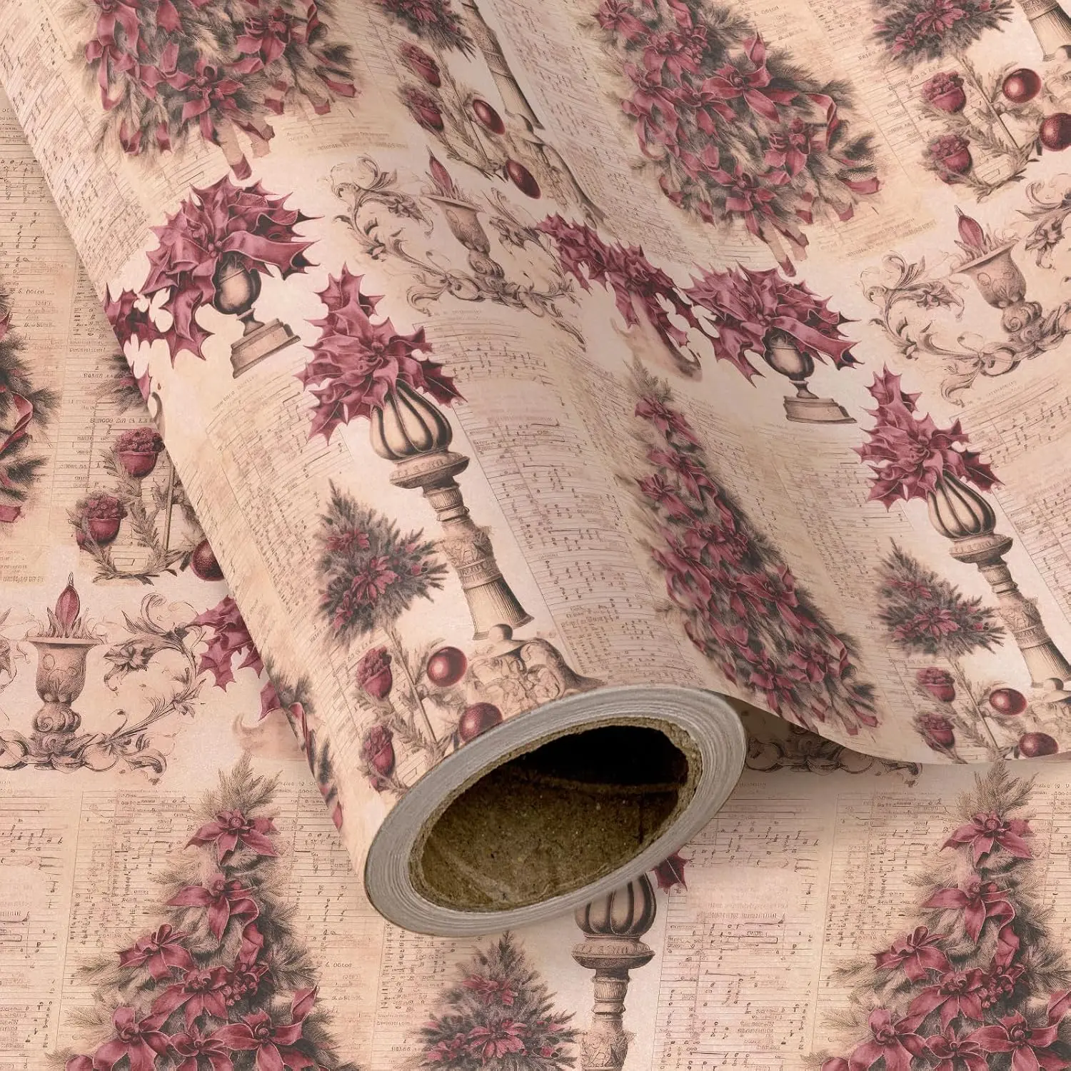 Newspaper Christmas Wrapping Paper - Mini Roll - 17 Inch x 16.5  -  Christmas Newspaper Wrapping Paper with Red Poinsettia and Tree Design for Christmas, Winter