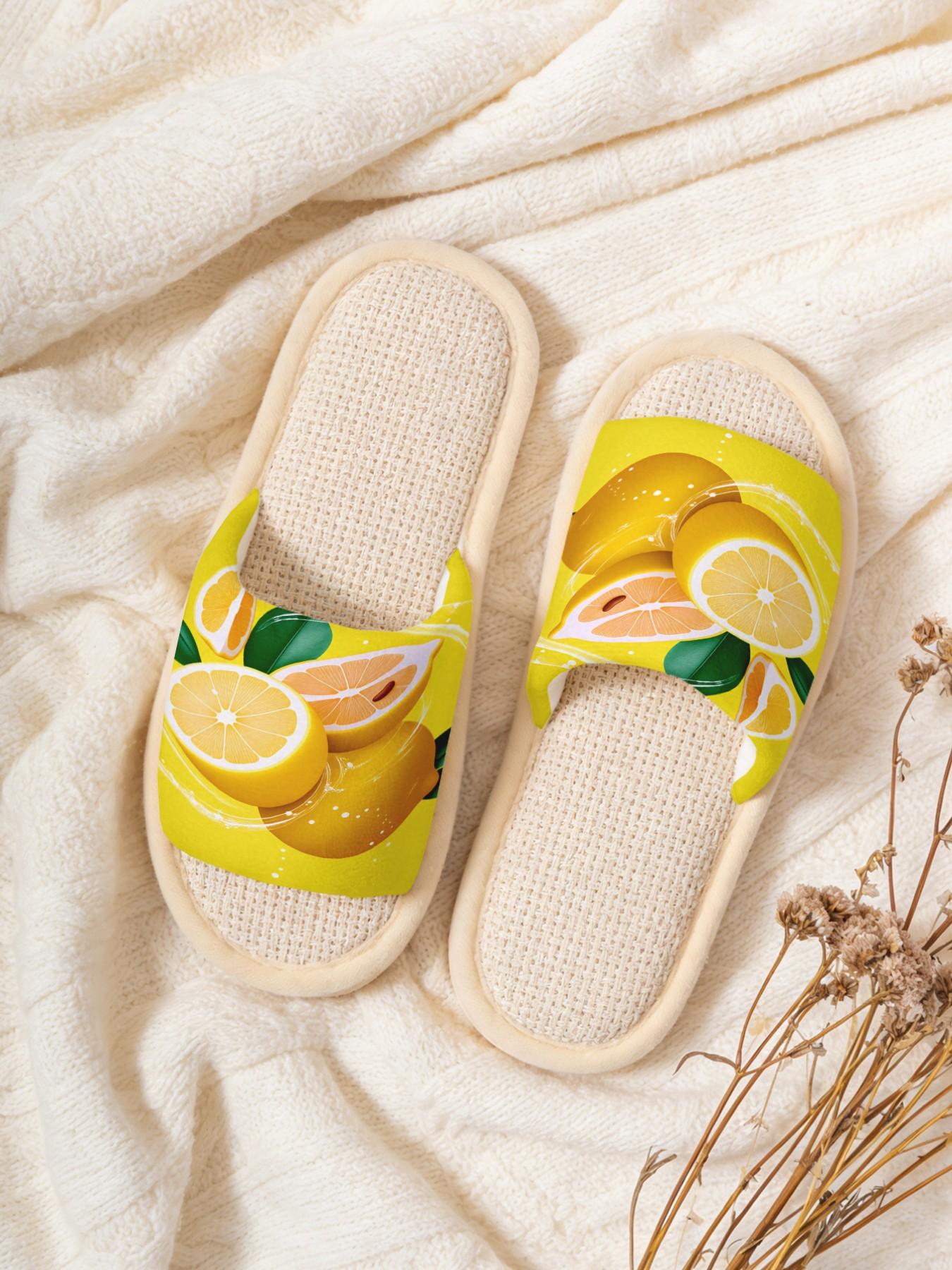 Women's Home Slippers, Lemon Print, Soft Eva Sole, Non-Slip Quiet, All-Season Casual Footwear, Textile Upper, Flower Design
