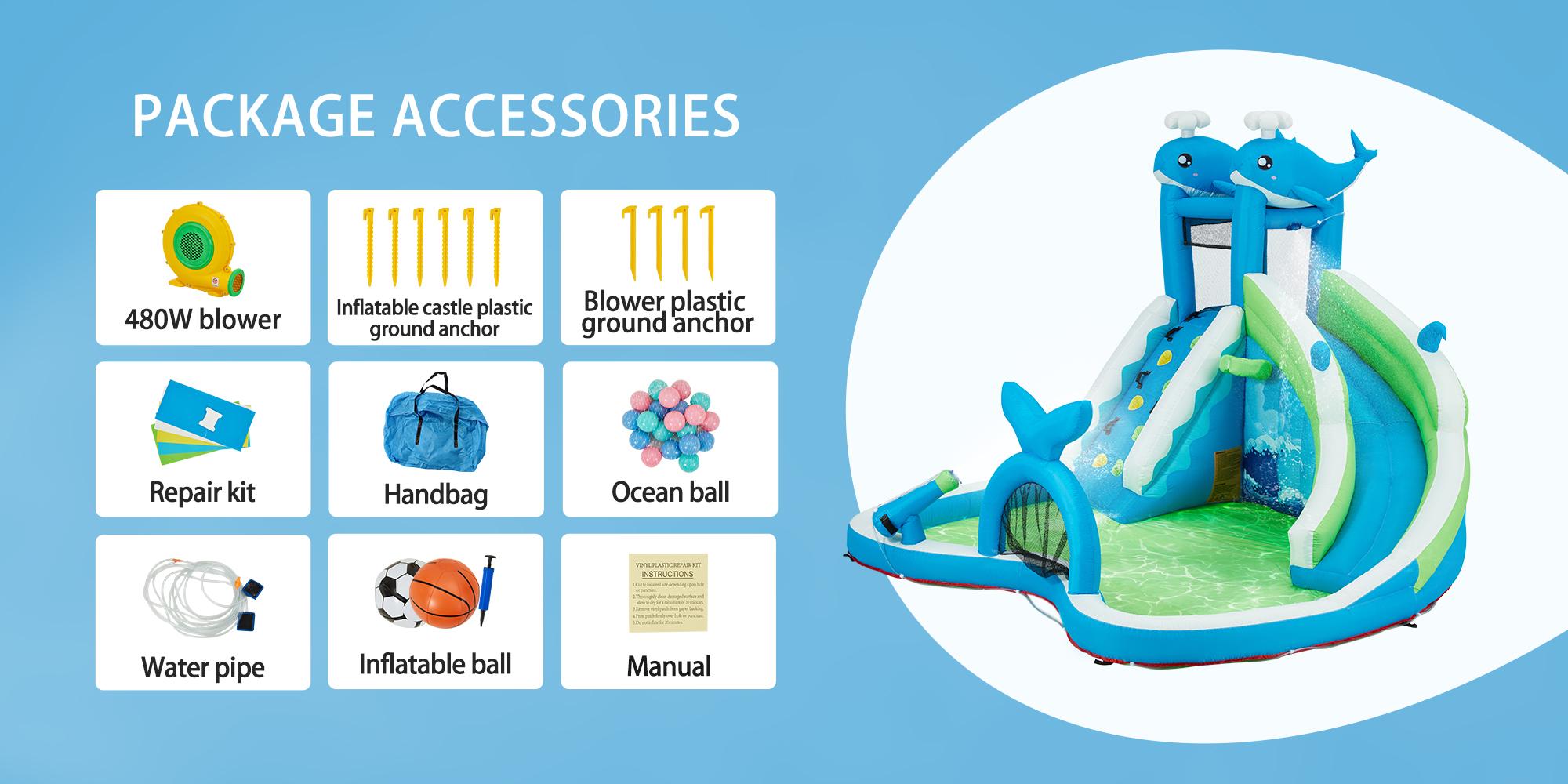 EROMMY Inflatable Trampoline Bounce House, Bounce House with Water Slide for Kids 3-8, Water Slide Bounce House with a Mermaid Shape, Volleyball Match, Trampoline, Water Gun Competition, Storage Bag, 480W Blower for Outdoor Backyard