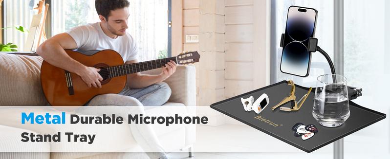 Metal Microphone Stand Tray, Larger Size(11.8'' x 8.1''), Universal Adjustable Mic Stand Tray with Phone Holder, Clamp on Tray for Music Stand, Picks, Capos, Tuner, Singing(Only for 16-25mm Tube)
