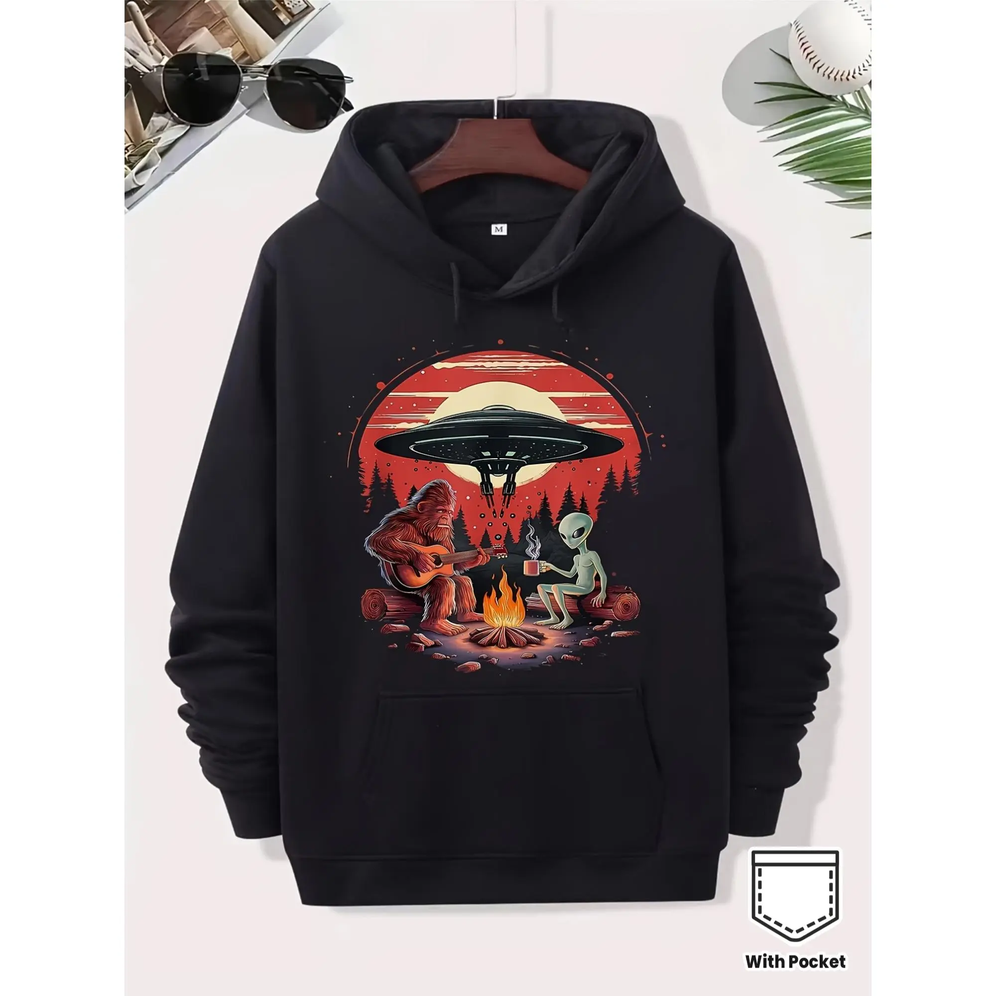 Unisex Alien and Bigfoot Bonfire UFO Hoodie - Mysterious Creature Theme Pattern Sweatshirt, Soft and Breathable Cotton Blend Pullover with Kangaroo Pocket, Suitable for Camping, Game Days, and Mysterious Animal Enthusiasts (Black), Sizes S-XXXL, Lightweig