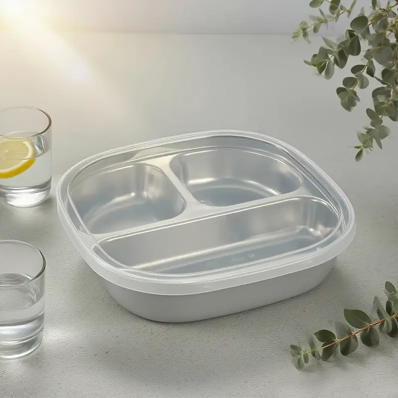 Compartment Sealed Lunch Box, Stainless Steel Partition Lid Plate, Fat Loss Portion Plate, Refrigerator Fresh Prep Box, Portable Lunch Box for Students & Office Workers