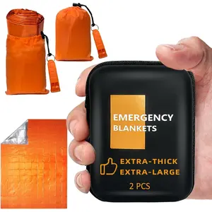 Emergency Blanket 2-Pack, Extra-Thick Extra-Large Space Blankets with Whistles, Storage Pouchs, and EVA case