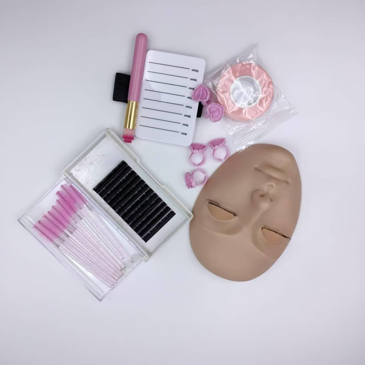 Portable False Eyelash Cosmetic Practice Set with Head Model, Eyelash Box, Adhesive Tape, Eyelash Glue, Mousse Brush, and Rings, Ideal for Eyelash Application Training