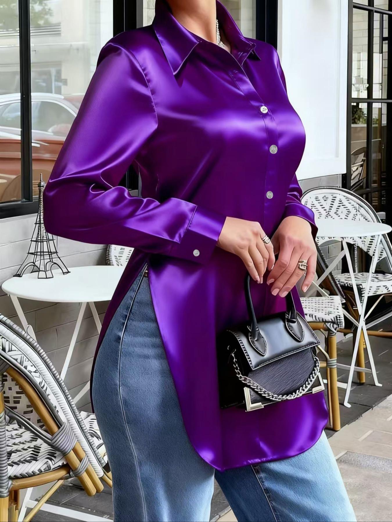 European and American style satin collared shirt for women, side slit, flowing drape, elegant long-sleeved top for commuting.