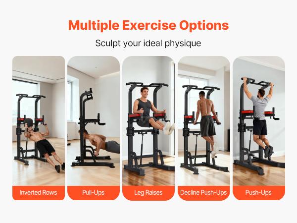 VEVOR Pull Up Bar, 330 LBS Power Tower Dip Station, Workout Dip Station with H-Shaped Stable Base Assistance Platform, Adjustable 9 Level Height Pullup Stand for Back, 3-Level Adjustable Elbow Pads