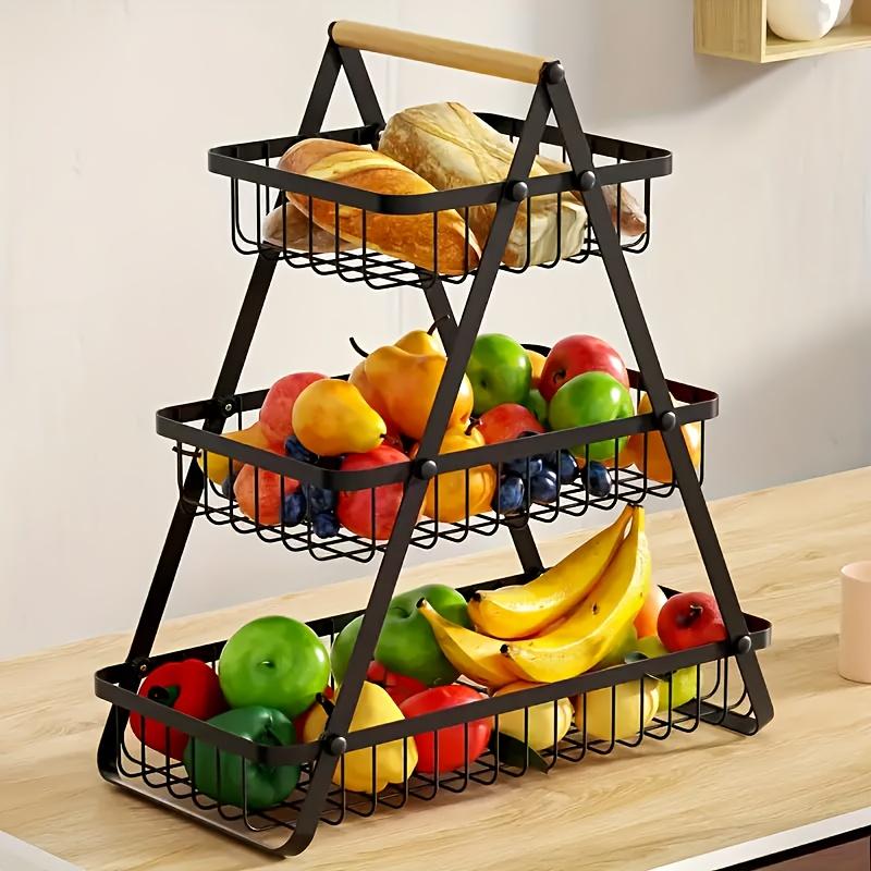 1pc 2/3-Tier Iron Drain Basket with Wooden Handle - Removable Wire Mesh Food-Safe Countertop Storage Organizer for Kitchen, Bathroom, Fruits & Vegetables - Space-Saving Home Organization Solution, Kitchen Storage Basket, Bathroom Organizer,