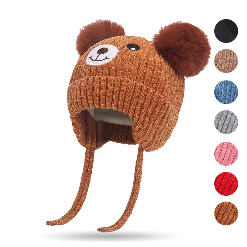Unisex Cute Bear Knit Beanie with Ear Flaps, Fall Winter Warm Cap with Pom Pom Top, Outdoor Sports Casual Hat for Men-Women
