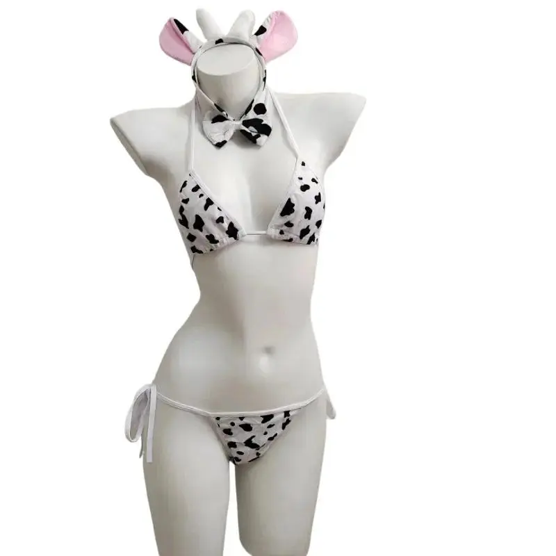Sexy Cow Cosplay Costume Women Maid Tankini Swimsuit Anime Bikini Set Cute Girl Swimwear Clothing Lolita Bra Panty Set Stockings