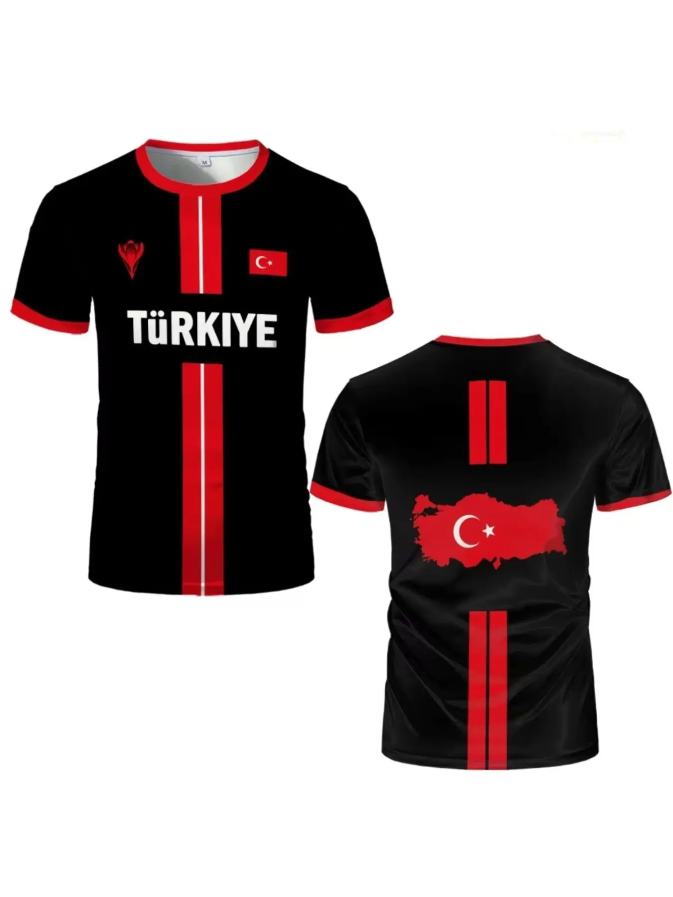 Turkish Football Jersey Summer Breathable Quick-Dry Sports Shirt, Turkish Flag 3D Print Fashion Loose Fit Men's Round Neck Short Sleeve T-Shirt