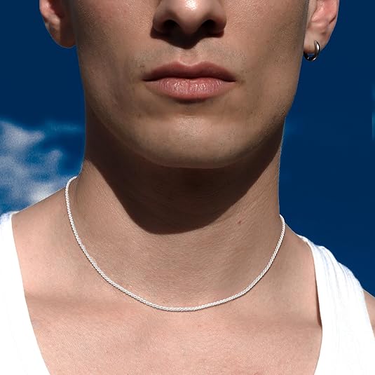 Tewiky Men's 2mm/3mm Twist Rope Chain Necklace 16/18/20 Inch Sparkling Layered Choker Trendy Silver Hypoallergenic Fashion Gift Modern Versatile Accessories