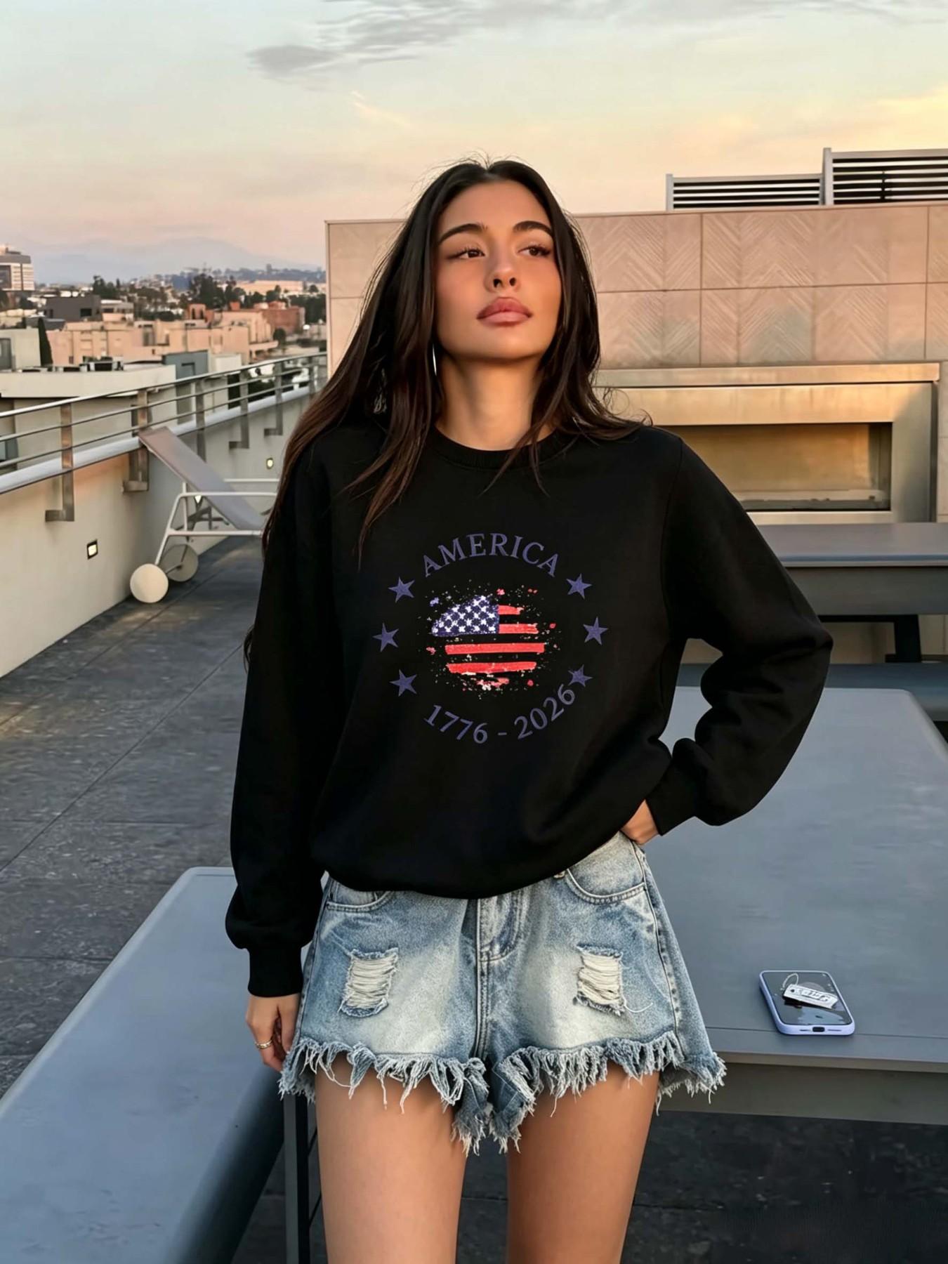 Vintage Heart American Flag Print Sweater, Independence Day Atmosphere, Usa 250th Anniversary, Retro Patriotic Style, July 4th
