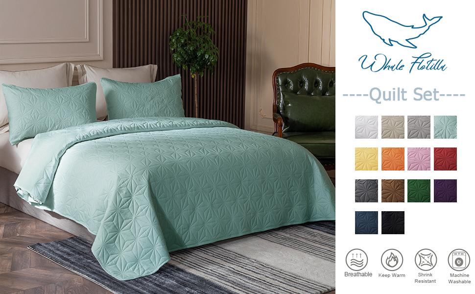 Whale Flotilla Quilt Bedding Set, Soft Quilts Bedspreads for All Seasons, Lightweight Geometric Star Pattern Coverlets 3 Pieces, including 1 Quilt, 2 Pillow Shams home bedroom