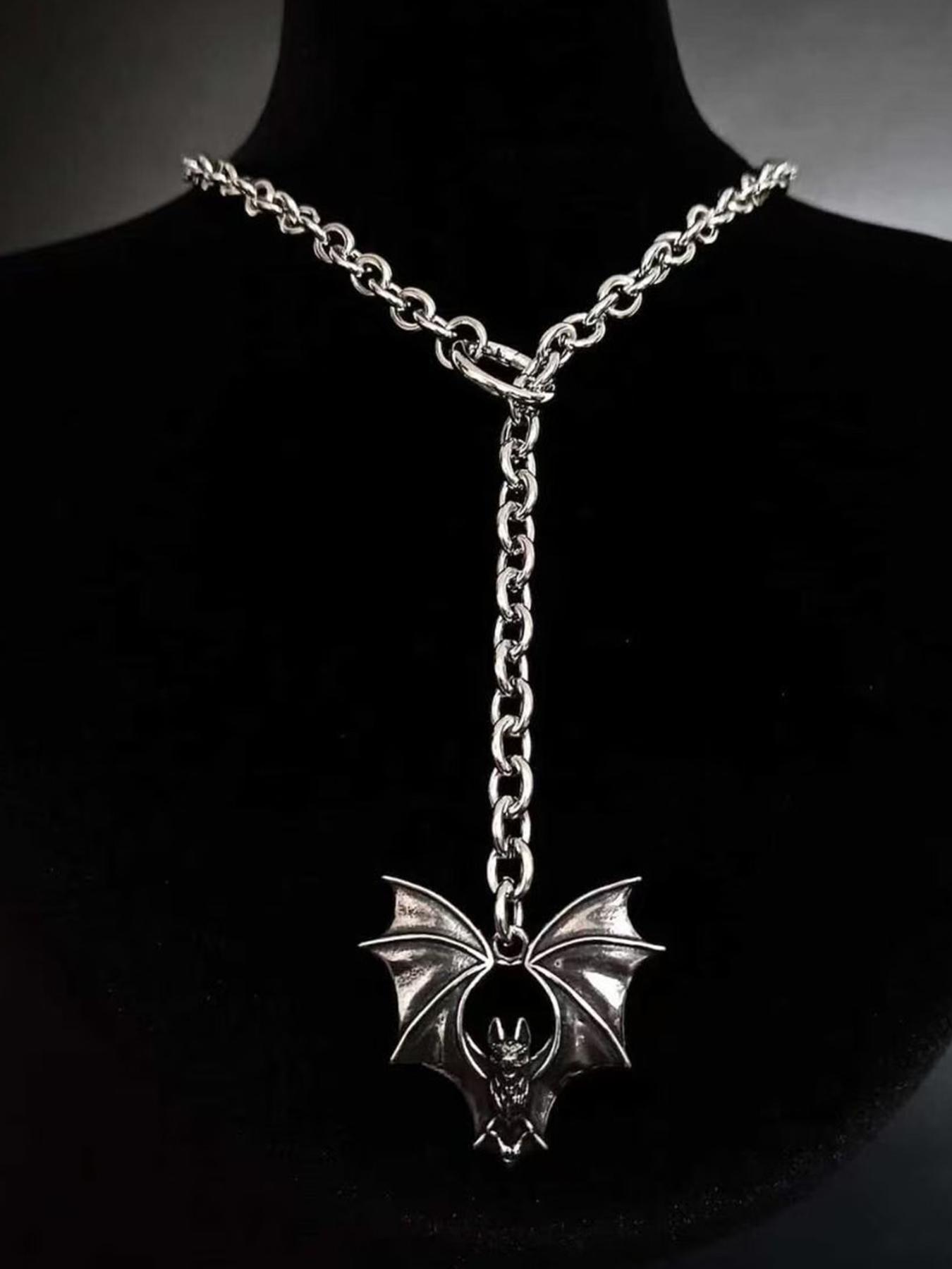 Gothic Dark Style Bat Pendant Long Necklace, Vintage Punk Unisex Party Design, Unique Personalized Jewelry for Men and Women, Gothic Mystery Jewelry