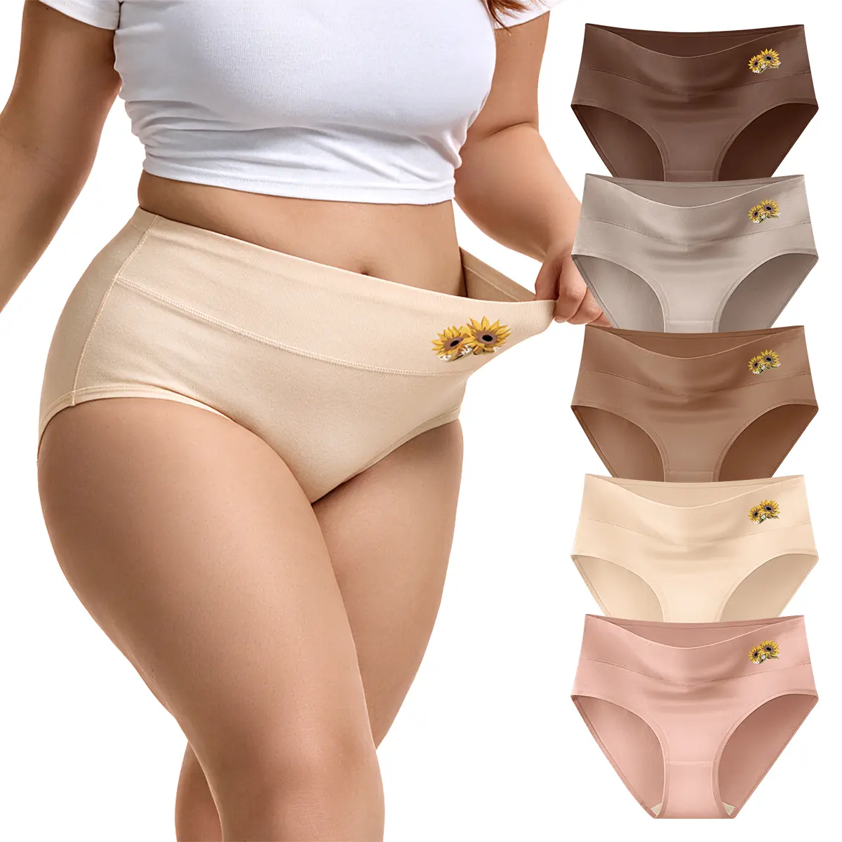QUASTI 4/5 Pack Women's High Waisted Cotton Panties, Solid Color Maillard Style Underwear with Sunflower Detail, Soft Breathable Comfortable Basic Briefs for Everyday Wear