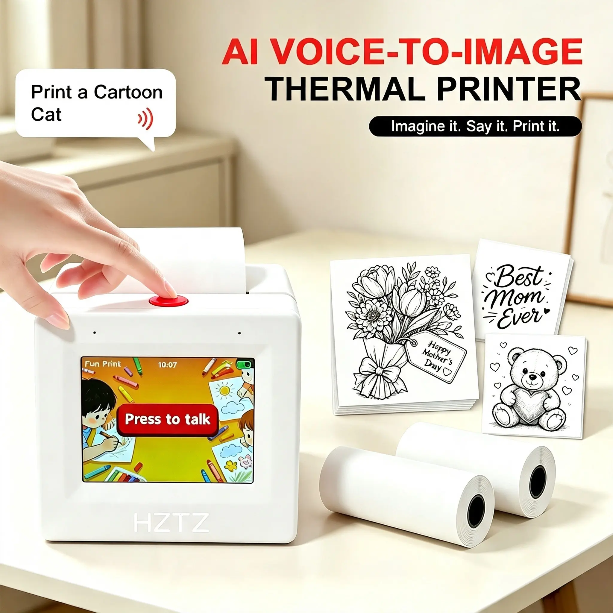 Portable High-Definition Screen Printer, Voice-Controlled Ai Box, Kids Gift, Drawing Print, Supports WiFi Android iOS Thermal Printer, Inkless Travel Printer