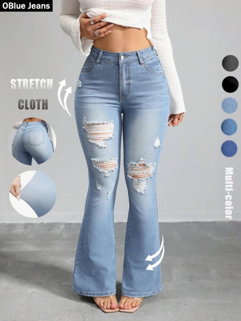 OBlue Jeans Women's Flare Leg Jeans, Casual Comfy High Waist Bell Bottom Trousers for Daily Wear, Ladies Bottoms for All Seasons, Pants