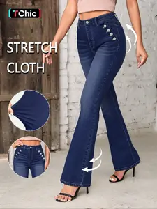 GILIPUR 2026 Y2K Women's High Waist Slim-Fit Flared Jeans Pants, Jean Pants Bottoms, Medium-Stretch Denim, Vintage Wash Finish, with Slanted Pockets and Single-Row Button Accents