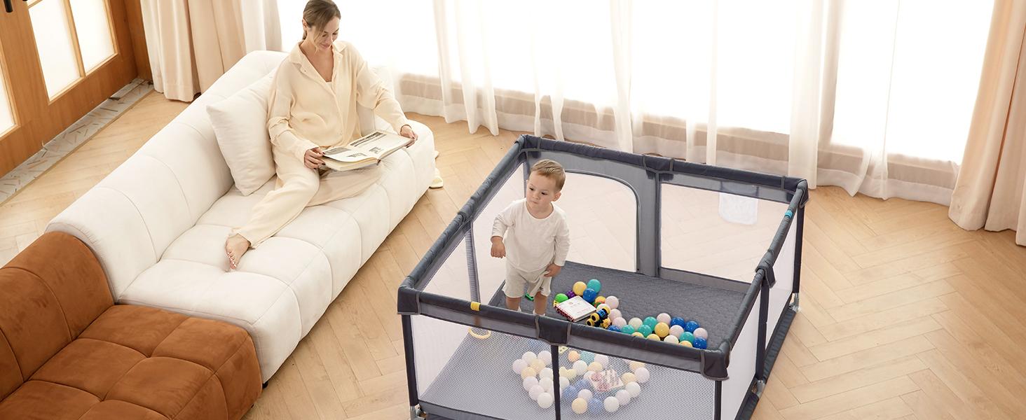 dearlomum 50"x50"/71"x59" Extra Large Baby Playpen with Soft Mesh Fence & Safety Gate for Babies & Toddlers Indoor Safety Yard Easy Assembly Clean Nonremovable Waterproof Mat Black/Gray