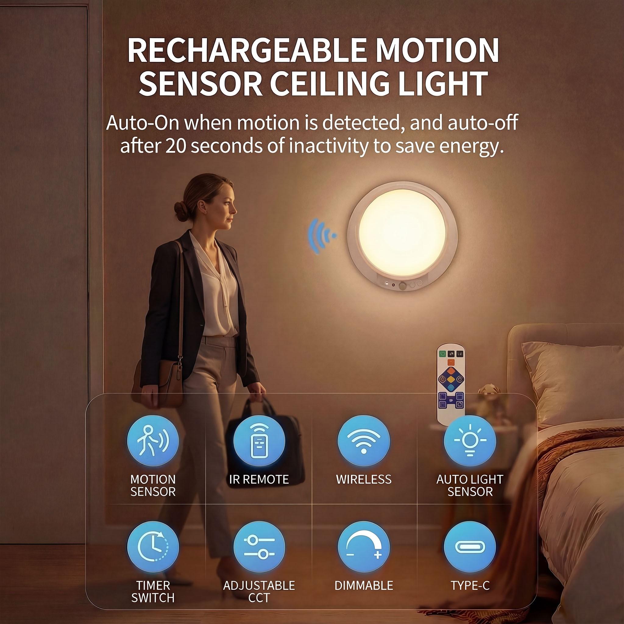 2 Pack Rechargeable Ceiling Lights with Remote Wireless Battery Operated Motion Sensor Waterproof Shower Lighting, 3CCT & Dimmable Stick On Closet Overhead for Pantry Living Room Renter Friendly