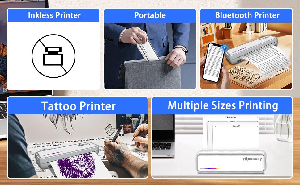 Portable Thermal Wireless Printers for Home Use, Inkless-Bluetooth-Printer Support for 8.5"x11" US Letter & A4 Size Thermal Paper Compatible with iOS, Android & Laptop for Tattoo,Travel,Office，office accessories