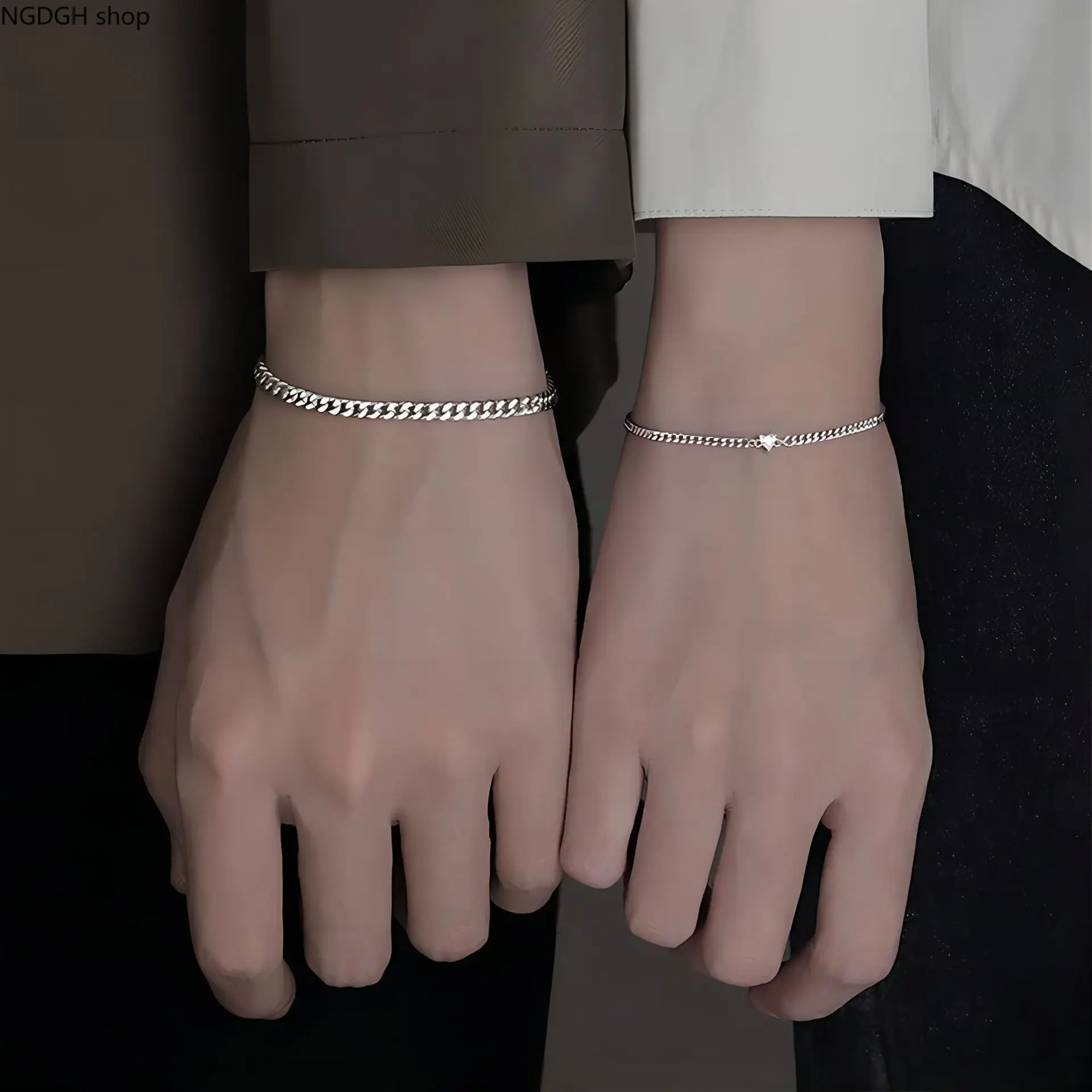 Silver Couple Bracelets Set for Him and Her, Matching Cuban Link & Tiny Heart Chain, Minimalist Stainless Steel Wrist Jewelry, Adjustable Romantic Anniversary Gift, Perfect for Valentine's Day, Daily Wear & Long Distance.