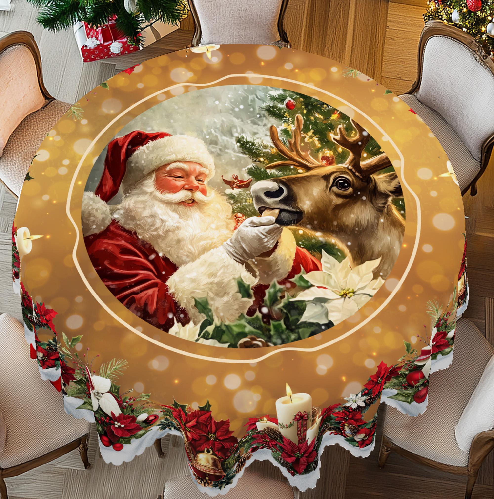 PLUMLIK Vintage Christmas Tablecloth with Santa Claus, Reindeer Patterns, Christmas Decor 2025, Christmas Party Decoration for Indoor&Outdoor, Golden Round Rectangular Table Cloth, Holiday Home kitchen Festive Decor, Christmas Gifts Dinnerware Celebration
