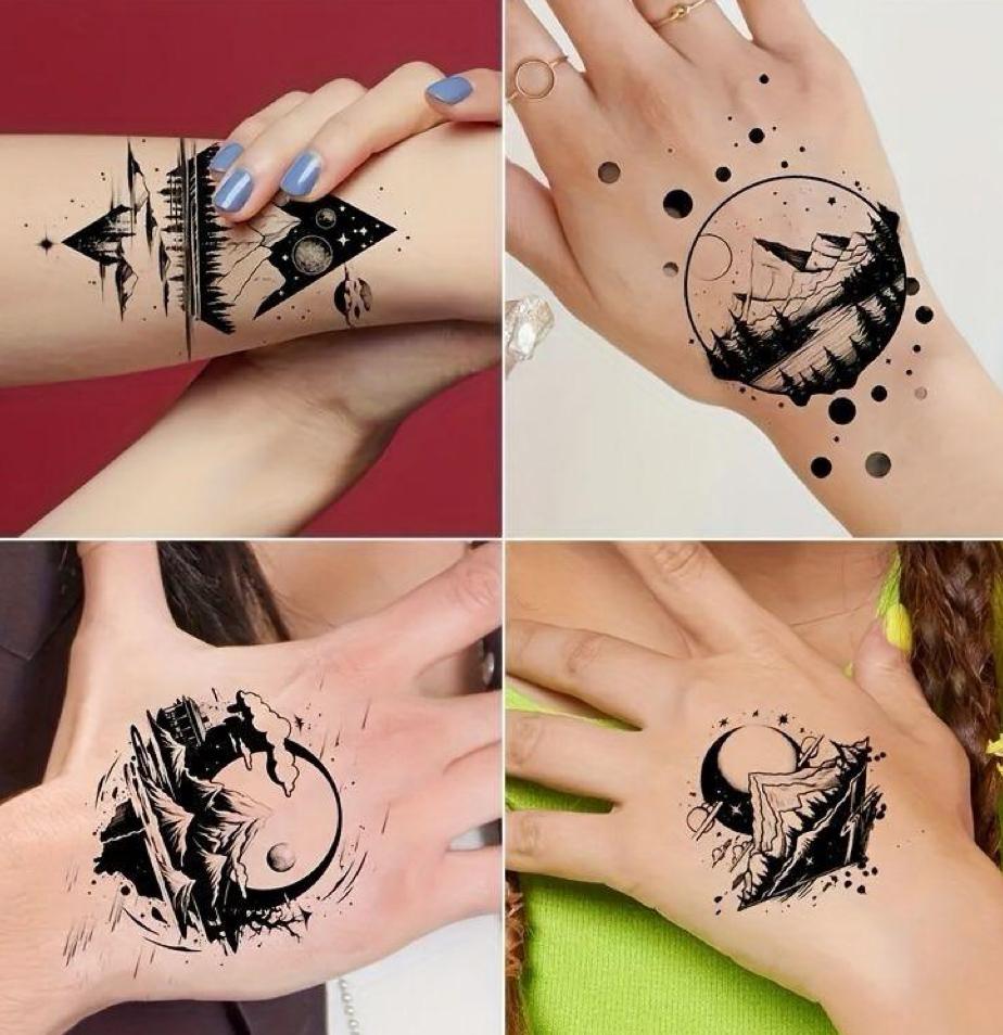 30Pcs Black Mountain River Fake Tattoos - Waterproof, Long-Lasting Small Personalized Realistic Temporary Tattoos for Body Art